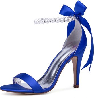 Generic Wedding Shoes Womens Satin Ankle Strap Bridal High Heelsheeled Open Toe Prom Party Dress Stiletto Sandals 10.5Cm,Blue,3 UK