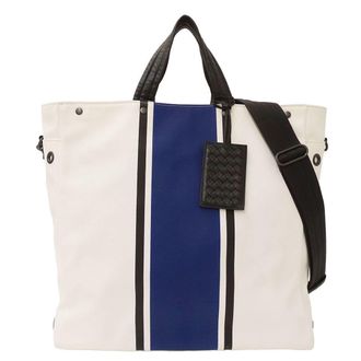 Bottega Veneta Blue Ivory Canvas Handbag Shoulder Bag Tote Bag (Pre-Owned)