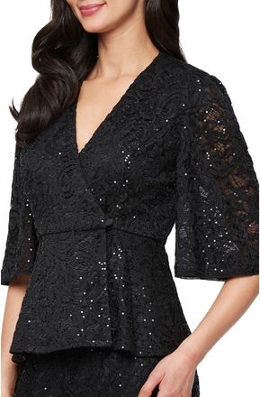 Alex Evenings Sequin Stretch Lace Wrap Top in Black at Nordstrom, Size Medium