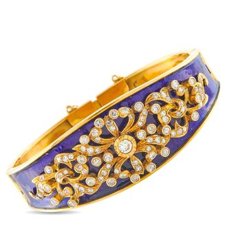 Luxury Bazaar Antique 18K Yellow Gold 2.59 ctw Diamond and Blue Enamel Bangle Bracelet MF08-070626