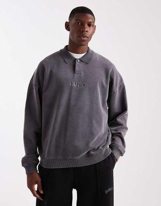 HUGO BOSS Delwy - Felpa da rugby oversize lavaggio acido antracite con logo centrale-Grigio
