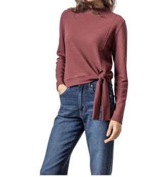 Lilla P Tie Waist Mock Neck Top In Port