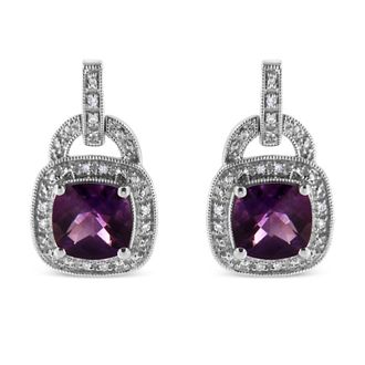 House of Brilliance 925 Sterling Silver 8MM Natural Cushion Shaped Amethyst,Accent Halo with Push Back Dangle Earrings