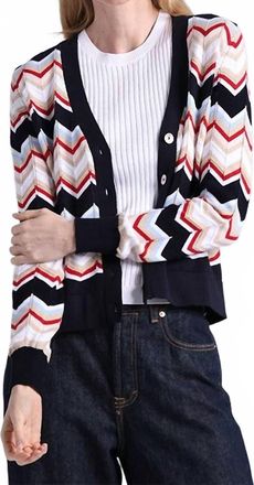 Minnie Rose Chevron V-Neck Cardigan In Navy Combo