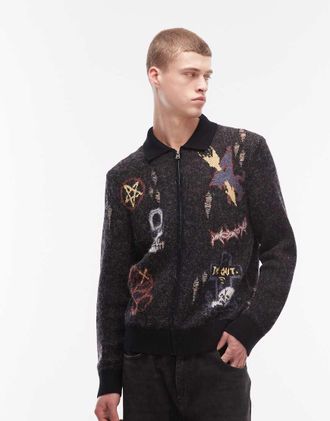 AllSaints Meller - Cardigan nero in maglia ricamata con zip