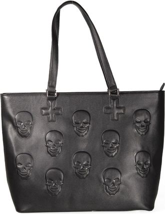 Banned Menth Bag, Black PU Tote with Embossed Skull Design, Gothic Alternative Style, 34 x 32 x 12cm, 13 Litre Capacity