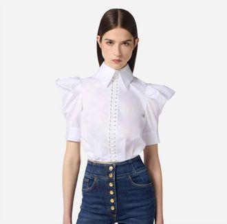 Elisabetta Franchi Laced Front Poplin Shirt In Bianco