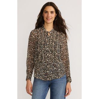 Lands End Chiffon Ruffle Front Long Sleeve Top in Champagne Animal Spots at Nordstrom, Size X-Large