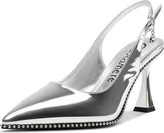 Castamere Womens Slingback Kitten Heel Close Pointed Toe Pumps Court Shoe Chunky Wedding Party Dress Shoes 9 CM Heels Silver 3.5 UK