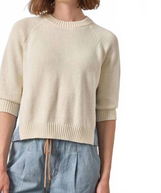 Lilla P Denim Elbow Sleeve Sweater In Off Whie