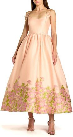Mac Duggal Spaghetti Strap Organza Midi Dress With Bow Detail in Pink Multi at Nordstrom, Size 10