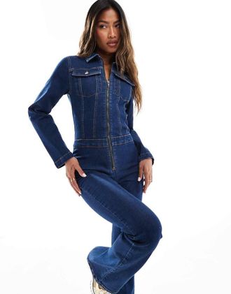 Asos Tuta jumpsuit a maniche lunghe blu scuro elasticizzata anni 70