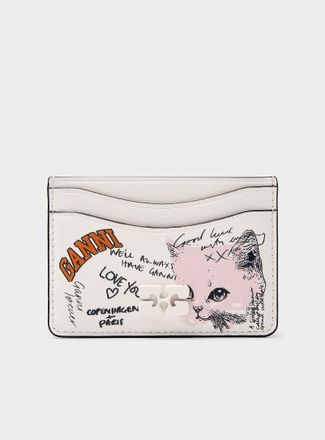 Ganni Womens Cat logo recycled leather card holder
