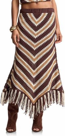 Avec Les Filles Chevron Crochet Fringe Midi Skirt in Brown Multi at Nordstrom, Size X-Small