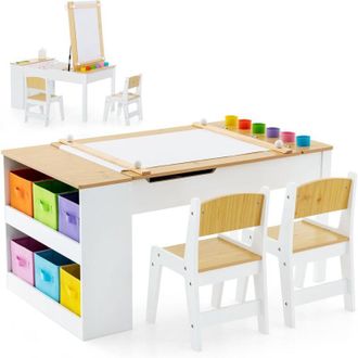 Costway Costway - Juego De Mesa Y 2 Silla De Arte Para Ni&ntilde;os, Escritorio De Juegos Y Manualidades 2 En 1 Para Ni&ntilde;os Con Mesa Elevable, Rollo De Papel, Vasos D