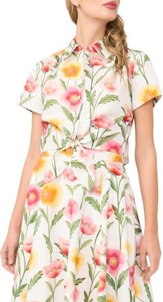Ted Baker Libby Floral Tie Front Cotton Button-Up Shirt in Ultra White at Nordstrom, Size X-Large