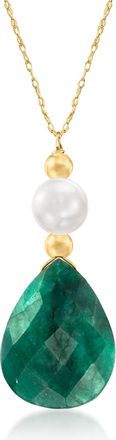 Ross-Simons Emerald and Cultured Pearl Necklace in 14kt Yellow Gold