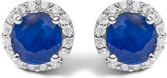 House of Brilliance 10K Gold Gemstone and 1/6 Cttw Diamond Halo Stud Earring in White | Blue Sapphire at Nordstrom
