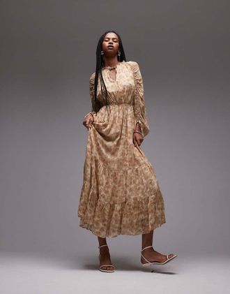 & Other Stories drapey midaxi dress with ruche tie volume sleeves in soft abstract print-Neutral