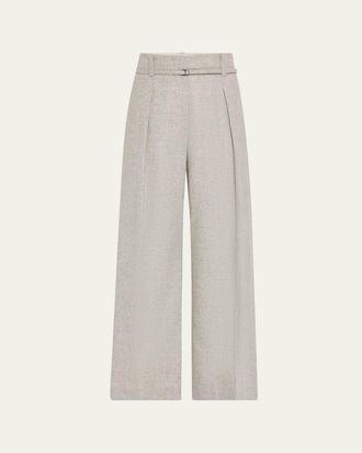 Brunello Cucinelli Cashmere-Wool Flannel Wide Sartorial Pants With Belt