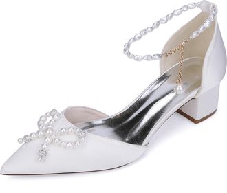 Generic Wedding Shoes Women Low Heel Bridal Satin Chunky Heels Dress Shoes Wedding Ankle Strap Evening Pumps 4.5Cm,White,10 UK