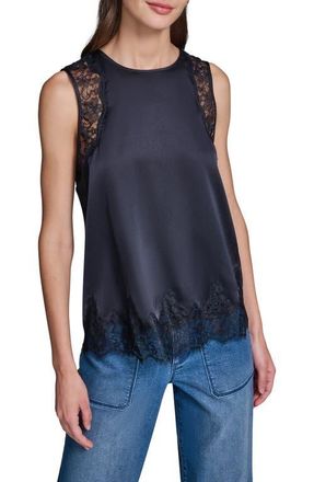 Karl Lagerfeld Eyelash Lace Trim Satin Tank in Midnight Navy at Nordstrom, Size X-Large