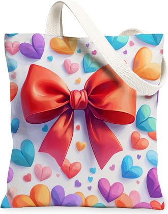 Generic Colorful Hearts Canvas Tote Bag, Decorative Bow Design Reusable Shopping Bags, Fun Lightweight Washable Shoulder Strap Canvas Bags for Everyday Use 13