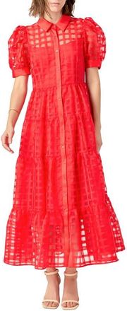 English Factory Grid Pattern Tiered Midi Shirtdress at Nordstrom, Size X-Small