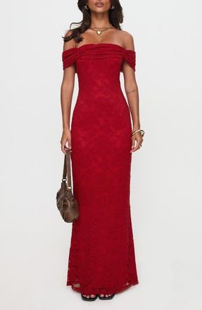 Princess Polly Allured Off the Shoulder Floral Lace Dress in Burgundy at Nordstrom, Size 10