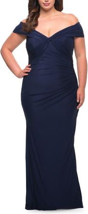 La Femme Long Net Jersey Plus Dress with Bodice Design in Navy at Nordstrom, Size 12W