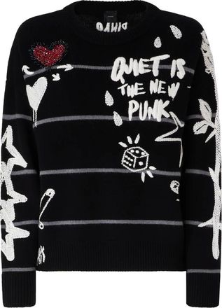 Pinko Intarsia Stripe V-neck Gebreide Trui - Dames - Ronde hals truien - Zwart - XS - Wol - Truien & Vesten