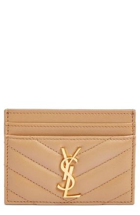 Saint Laurent Cassandra Matelass&eacute; Leather Card Case in Natural Tan at Nordstrom
