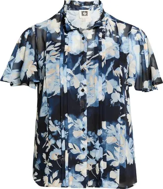 Anne Klein Pleated Flutter Sleeve Shirt in Dutch Blue Multi at Nordstrom, Size 2X