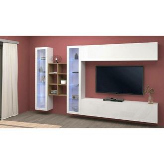 Dmora Pared Equipada Dcaprin, Conjunto De Sal&oacute;n Mueble Tv Con 4 Puertas, Mueble De Sal&oacute;n Polivalente, 100% Made In Italy, Cm 280x30h180, Blanco Brillo Y Arc