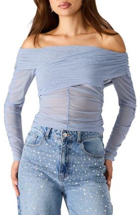 Steve Madden Viktoria Off-the-Shoulder Mesh Top in Stone Blue at Nordstrom, Size X-Small