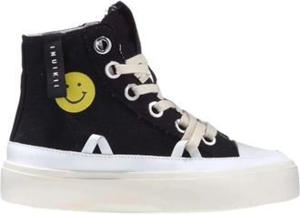 INUIKII Distressed Matilda Zwarte Sneaker met Smiley & Hart Print - Dames - Sneakers - Zwart - 39 EU - Katoen - Schoenen