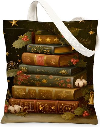 Generic Vintage Christmas Canvas Tote Bags, Holiday Books and Holly Pattern Reusable Grocery Bags, Lightweight Washable Shoulder St, Brown, 13x15 Inch