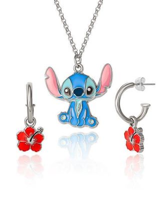 Disney Lilo & Stitch Jewelry Set, Flower Charm Hoop Earrings, 16+3 Necklace in Multicolor at Nordstrom