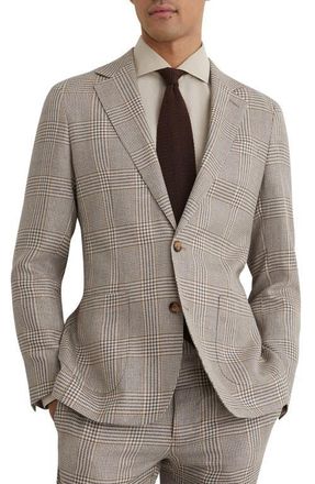 Reiss Epsom Tailored Fit Brown Glen Check Linen & Wool Blend Suit Jacket in Oatmeal Brown at Nordstrom, Size 38