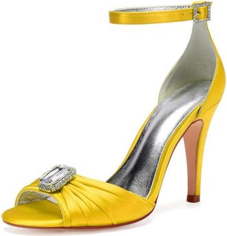 Generic Wedding Shoes Womens Open Toe Stiletto Sandals Ankle Strap Prom Dress Summer Satin Bridal High Heels 10.5 Cm,Yellow,9 UK