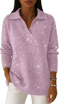 Generic Polo Neck Sparkle Jumpers for Women UK Star Glitter Print Sweater Long Sleeve Elegant Ladies Jumper Casual Loose Sweatshirts Knit Pullover Tops Shiny 
