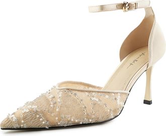 Generic Womens Elegant Pointed Toe Ankle Strap Heels Sequin Pumps for Evening Wedding Party Formal, Champange, 11 Narrow