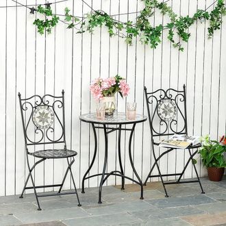OUTSUNNY 3 Pcs Mosaic Tile Garden Bistro Set Outdoorwith Table 2 Folding Chairs in Grey