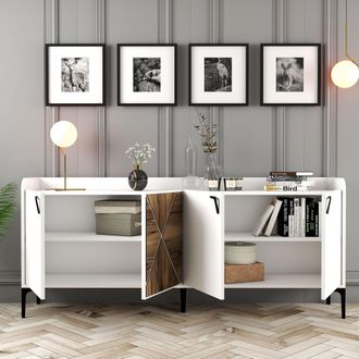 Dmora Credenza Elini, Madia 2 Ripiani, 4 Ante, 1 Anta Effetto Legno, 180x35x78h Cm Bianco