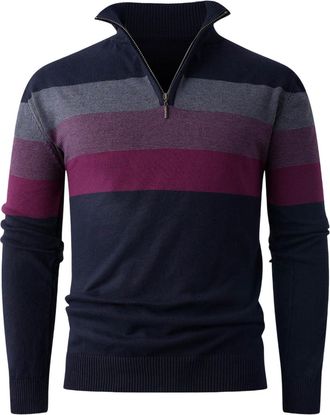 Generic Striped Mens Sweaters - 1/4 Quarter Zip Knitted Men Jumper Mock Collar Long Sleeve Warm Tops Autumn Winter Regular Fit Pullovers 1/2 Half Zip Casual C