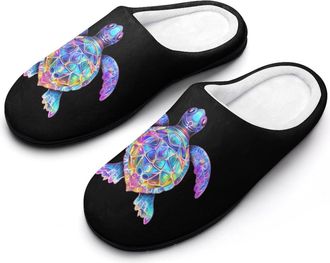 Generic Rainbow Sea Turtle Tribal Tattoos Cotton Slippers for Women Memory Foam Comfy House Shoes with Anti-Skid Rubber Sole