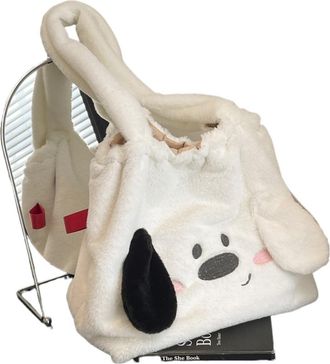 Generic Womens Plush Bags Autumn Winter Soft Plush Handbag, Fashion Cute Dog Pattern Shoulder Bag, Cartoon Large Capacity Diagonal Tote(White)