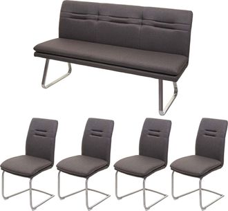 Hhg Set Panca Con 4x Sedie A Slitta Sala Pranzo Soggiorno Cucina Hhg 930 Tessuto Acciaio Inox, Grigio Fango 160cm