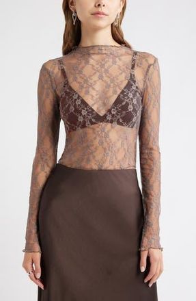 Open Edit Floral Stretch Lace Top in Tan Dusk at Nordstrom Rack, Size Xx-Small