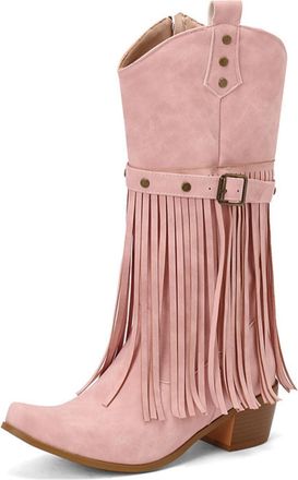 Generic Womens Fringe Decorated Pointed Toe Faux Leather Cowboy Boots Chunky Heel Mid Calf Boots Stylish Comfortable For Fashion Party Daily,Pink,4.5 UK